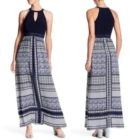 Vince Caumto Blue Halter Keyhole Print Maxi‎ Long Dress Size 12 Summer Wedding - Picture 1 of 5